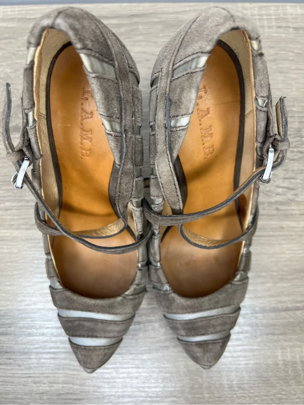 L.A.M.B. Gwen Stefani Taupe Suede & Satin Striped Mary Jane Pumps Size 7.5M